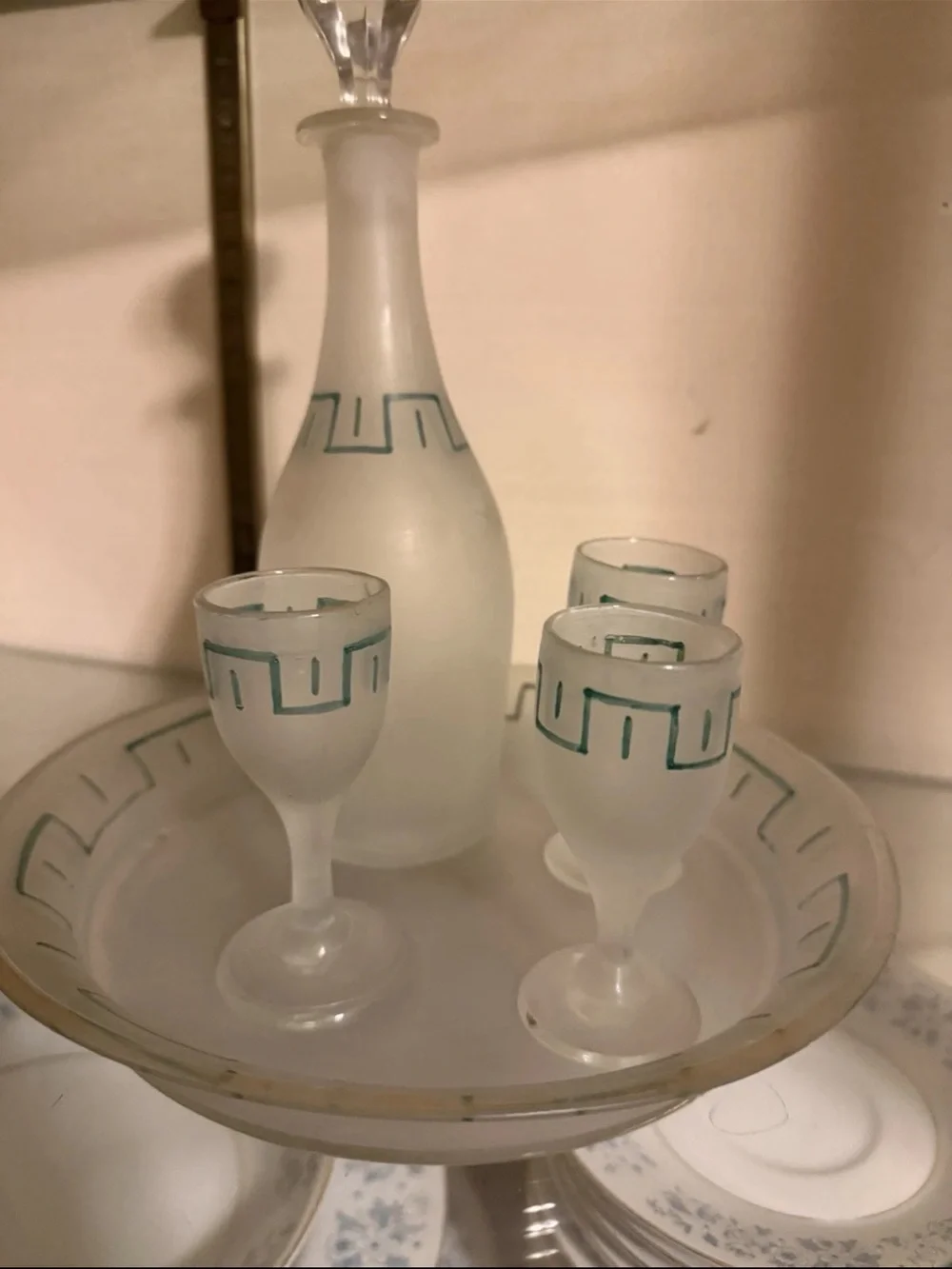Vintage Frosted Glass Decanter Set Greek Key Tray & 3 Cordial Glasses MCM